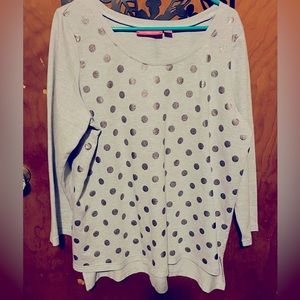 Woman within long sleeve pull on crew neck gray with gold polka dots lsweatshirt